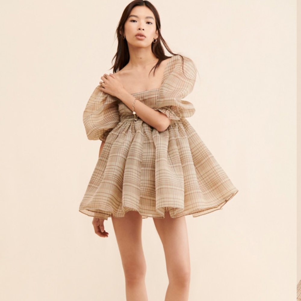 New Anthropologie x Selkie The Plaid Puff Mini Dress Brown Sz L